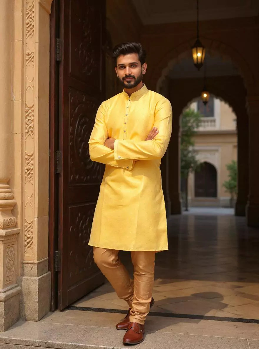 Gold Self Patterned Jacquard Kurta Pyjama Set