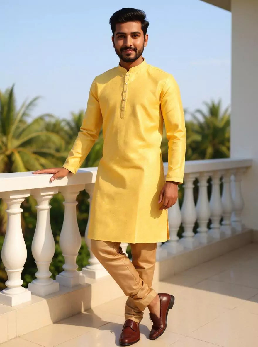 Gold Self Patterned Jacquard Kurta Pyjama Set