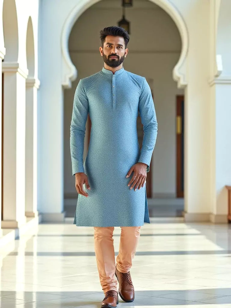 Brocade Design Jacquard Kurta Set in Firozi Coloured