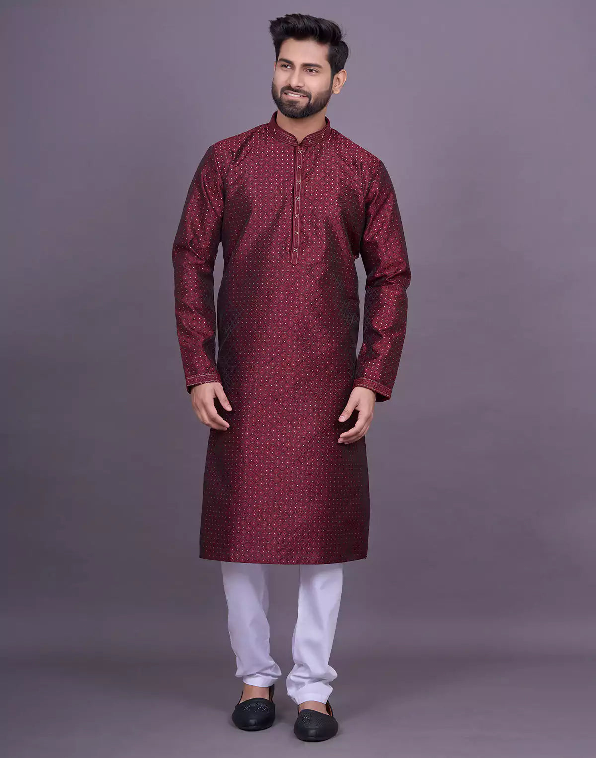 Maroon Self Brocade Jacquard Kurta Pyjama