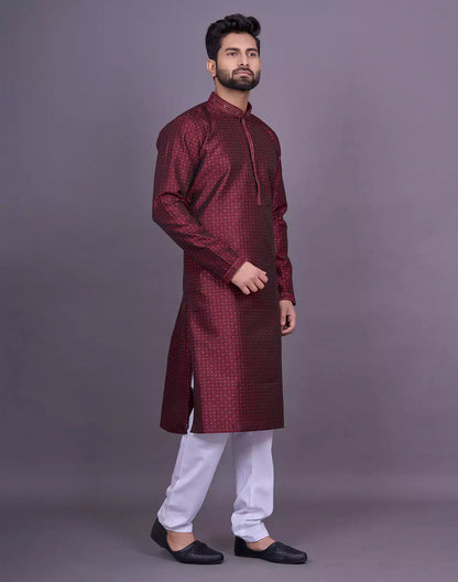 Maroon Self Brocade Jacquard Kurta Pyjama