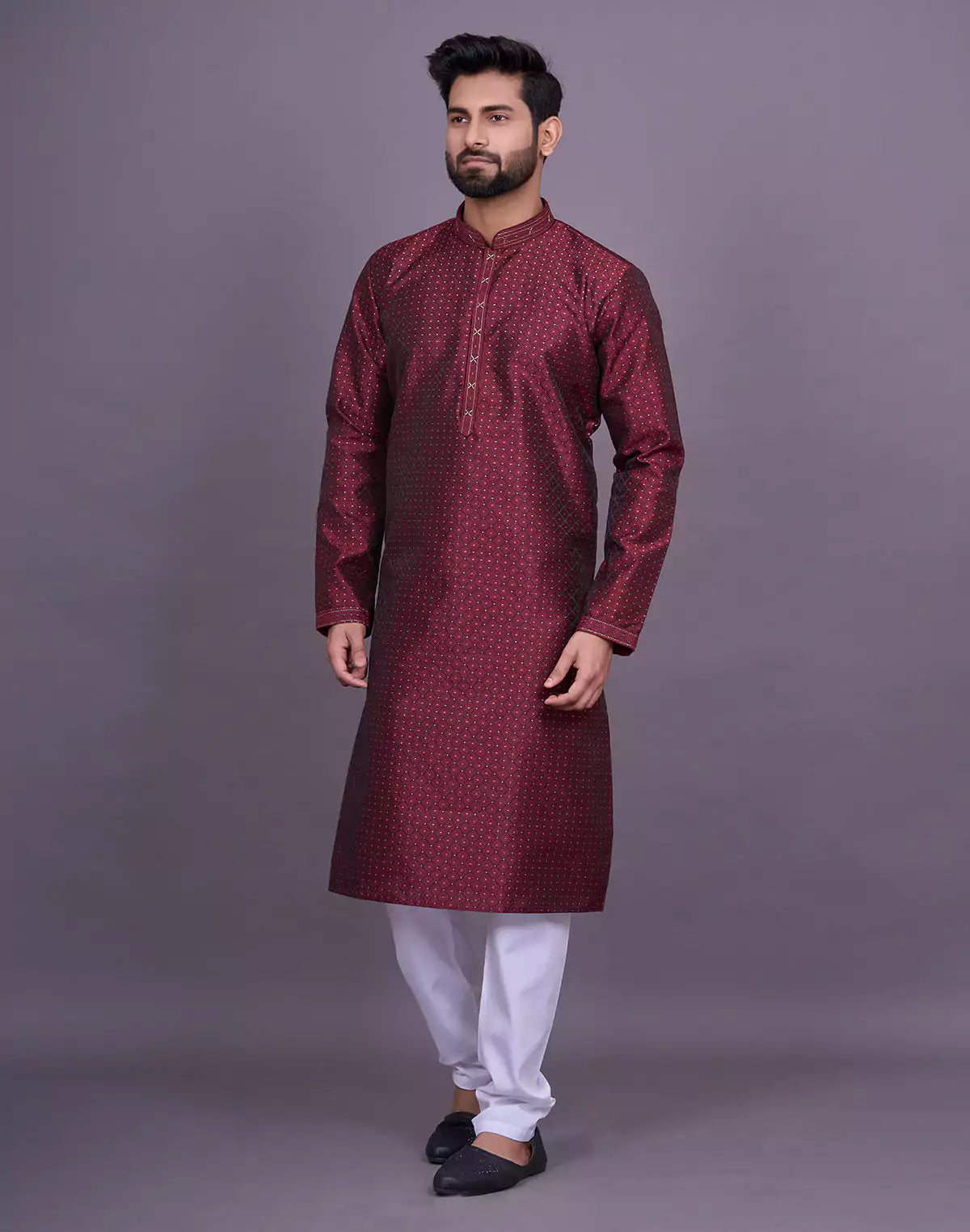 Maroon Self Brocade Jacquard Kurta Pyjama