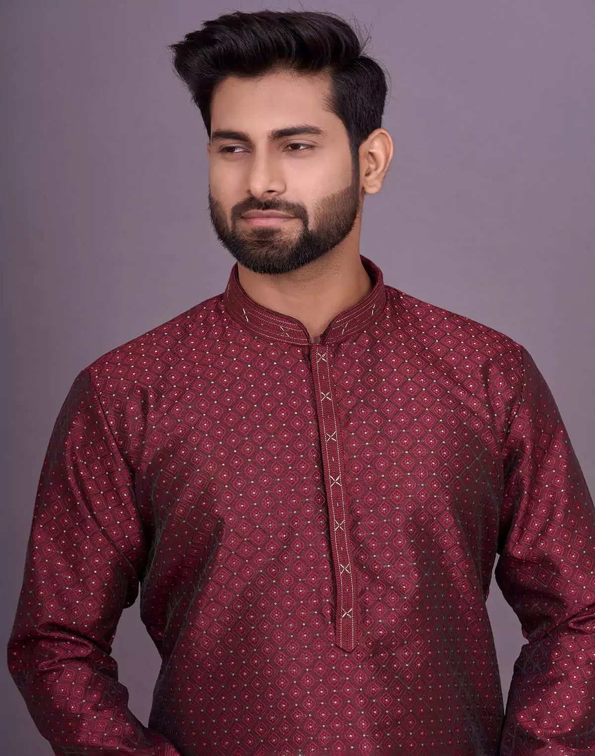 Maroon Self Brocade Jacquard Kurta Pyjama
