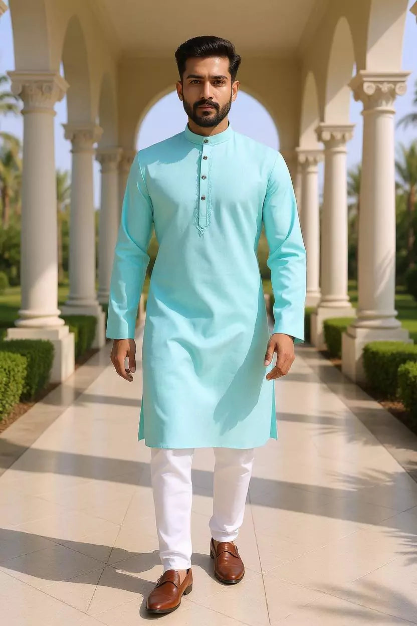 Firozi Coloured Flex Cotton Kurta Pyjama Set