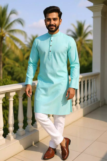 Firozi Coloured Flex Cotton Kurta Pyjama Set