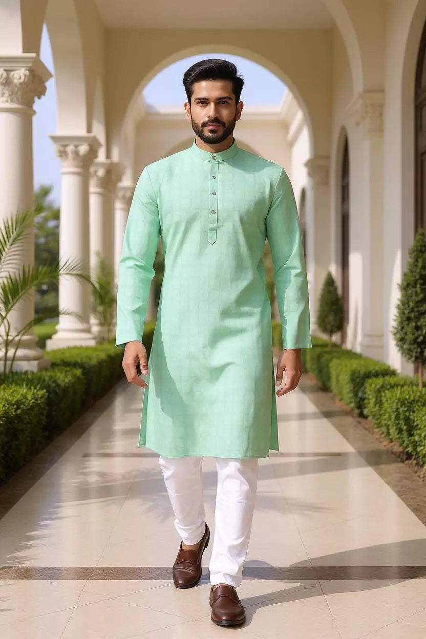 Self Geometric Weaving Cotton Pista Kurta Pyjama Set