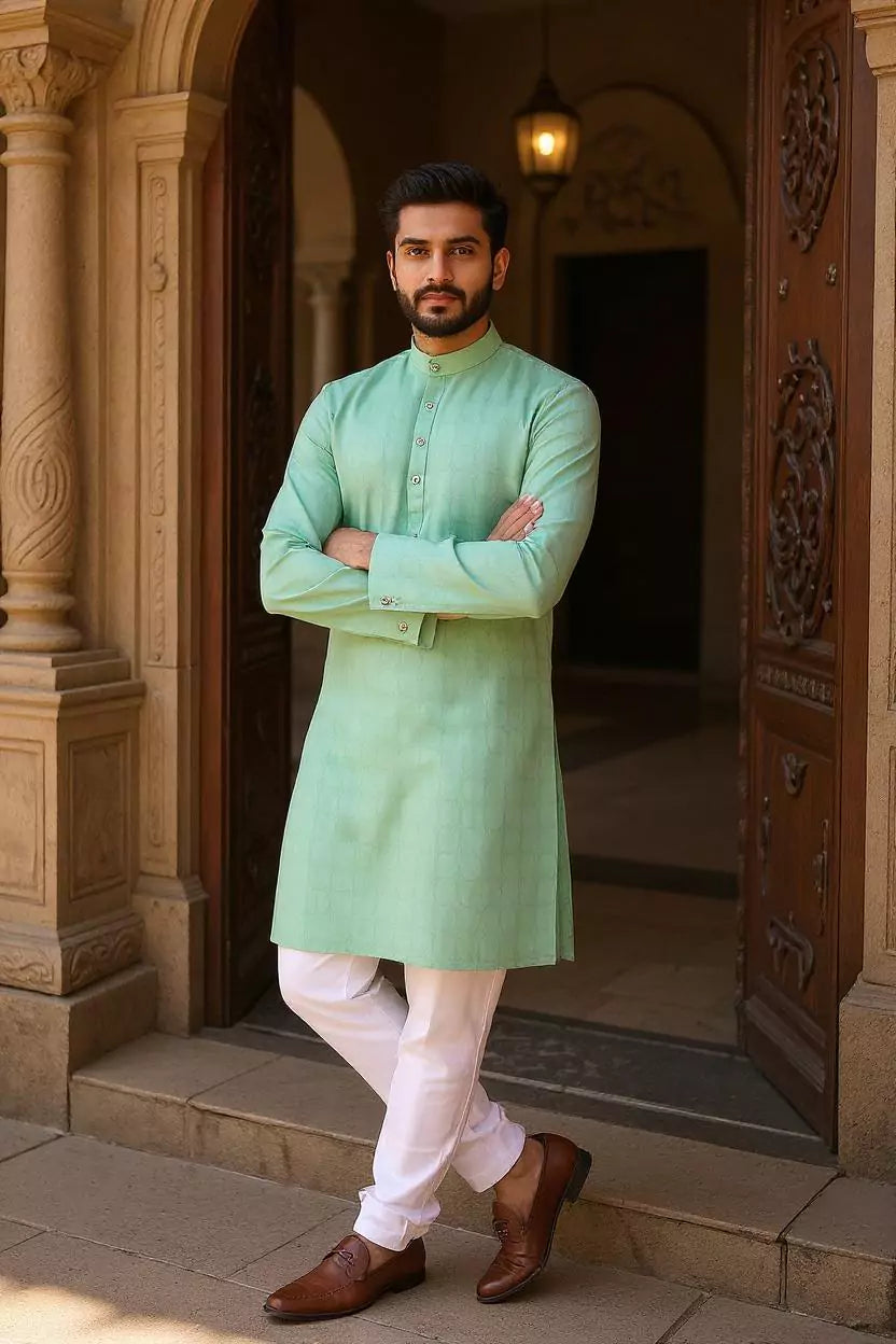 Self Geometric Weaving Cotton Pista Kurta Pyjama Set