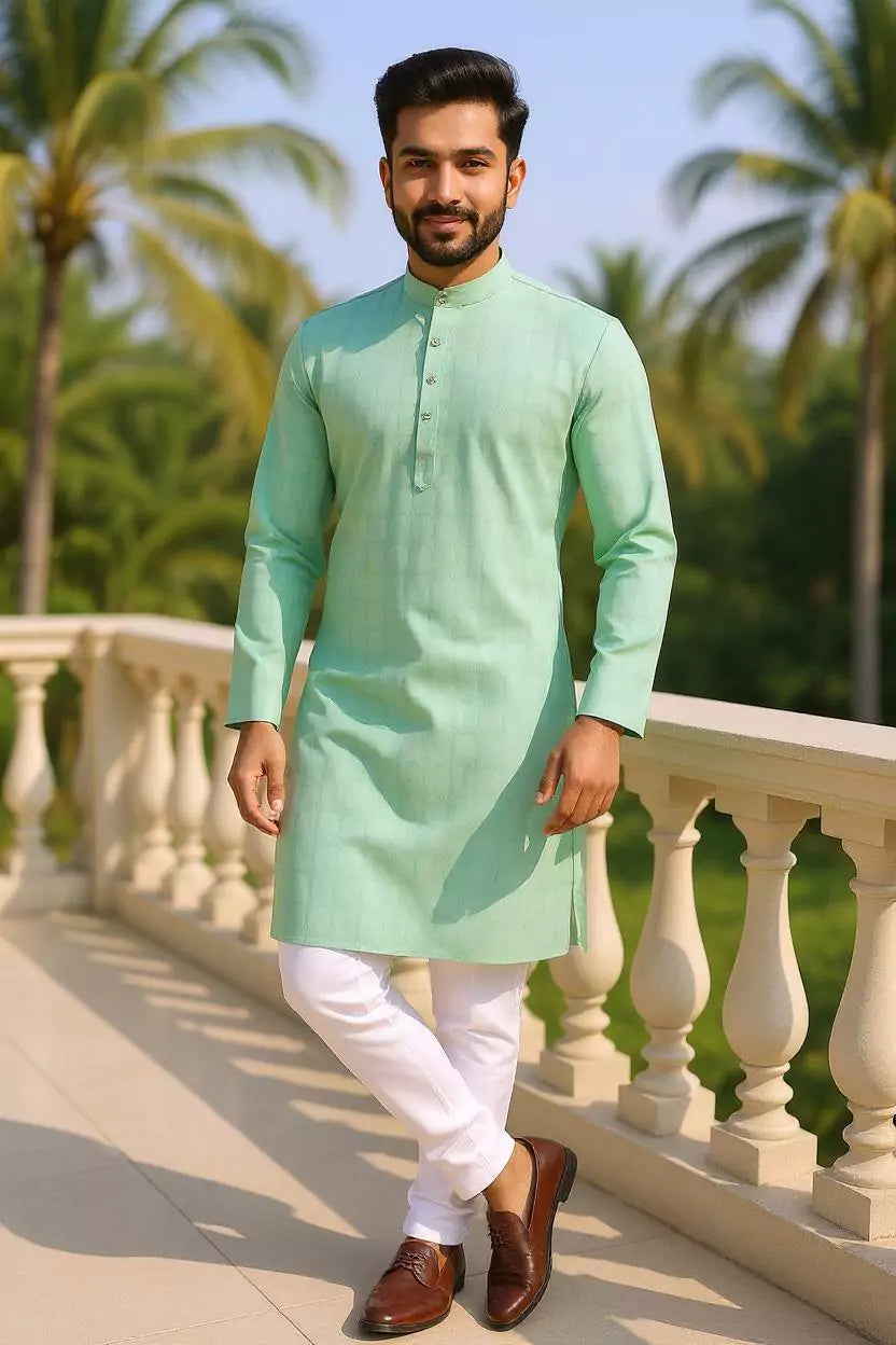 Self Geometric Weaving Cotton Pista Kurta Pyjama Set