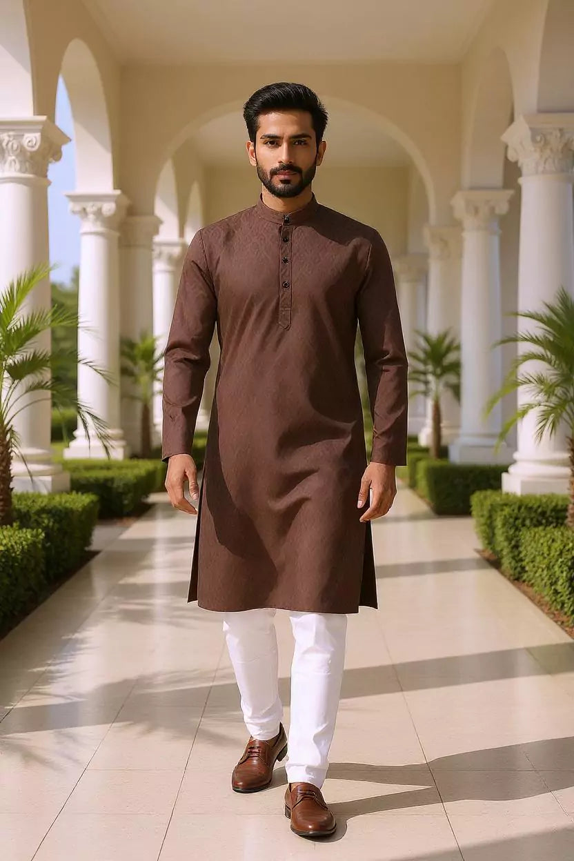 Coffee Coloured Self Geometric Cotton Kurta with Pajama