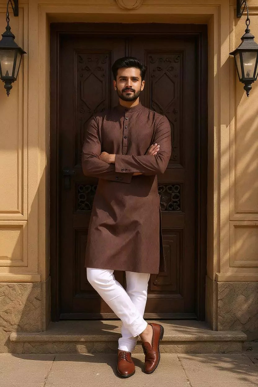 Coffee Coloured Self Geometric Cotton Kurta with Pajama