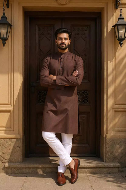 Coffee Coloured Self Geometric Cotton Kurta with Pajama