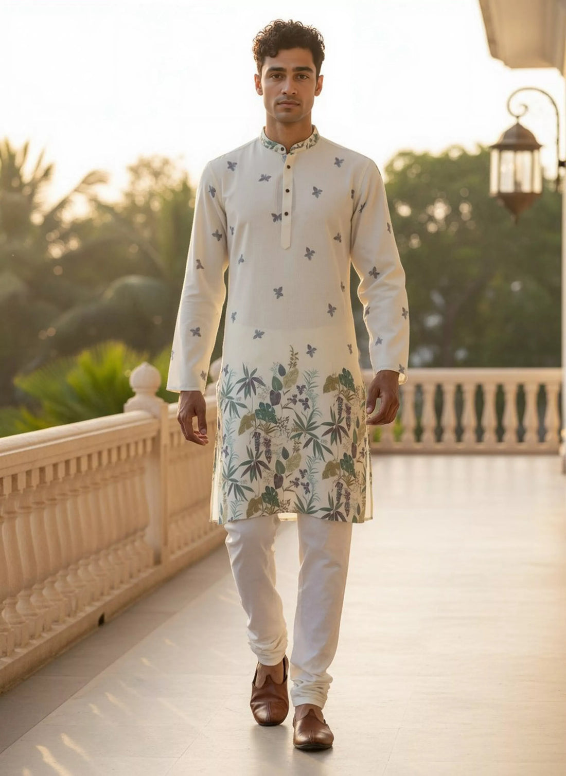 Lemon Floral Daman Print Lenin Kurta Pyjama Set