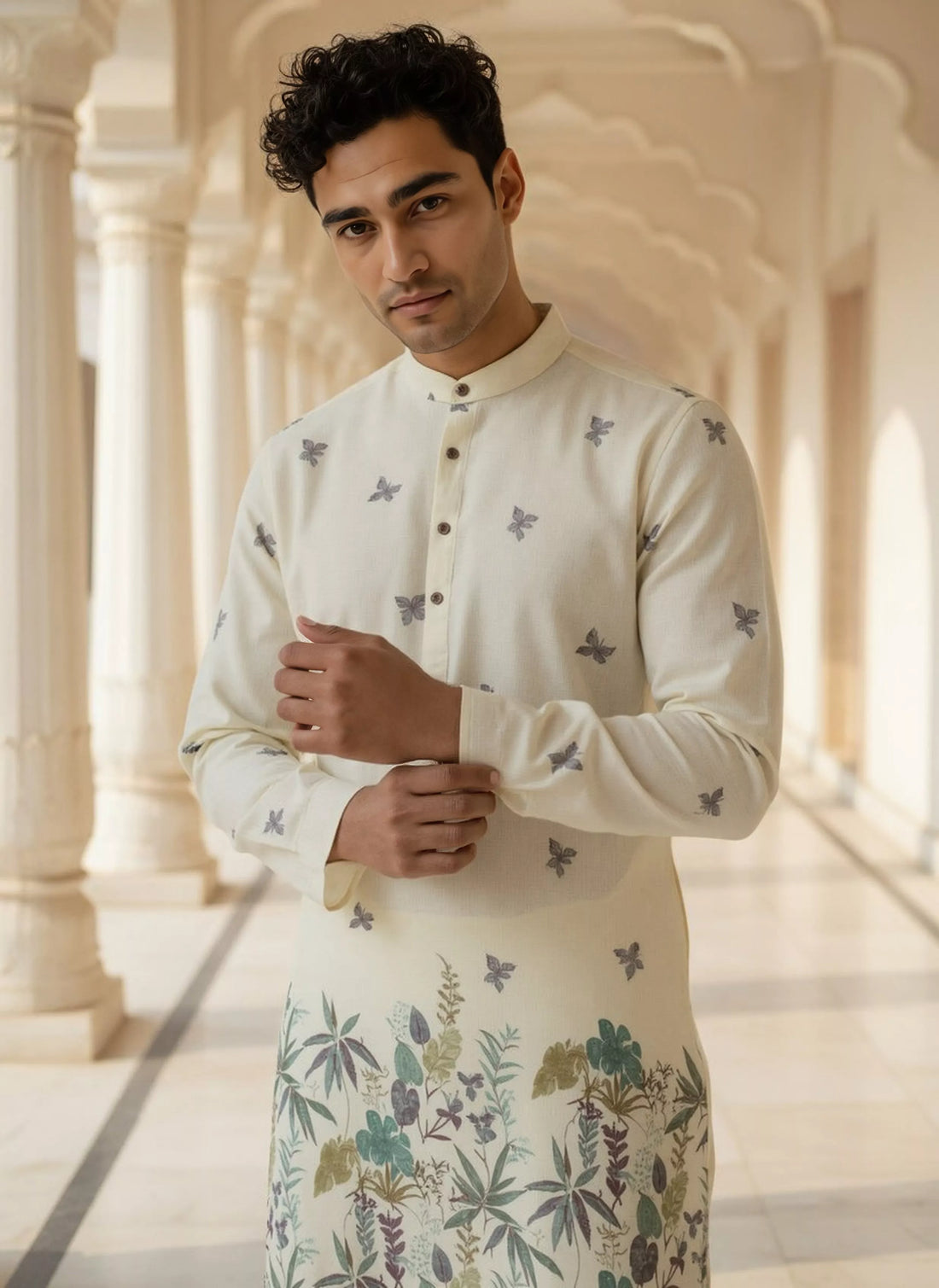 Lemon Floral Daman Print Lenin Kurta Pyjama Set
