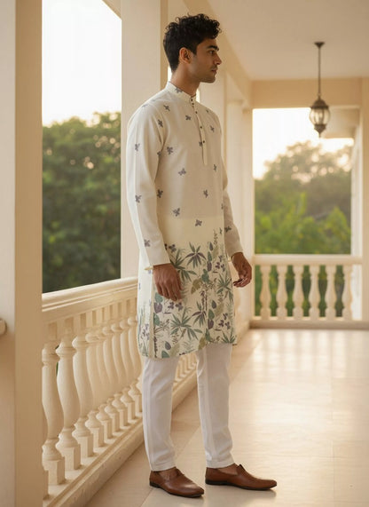 Lemon Floral Daman Print Lenin Kurta Pyjama Set
