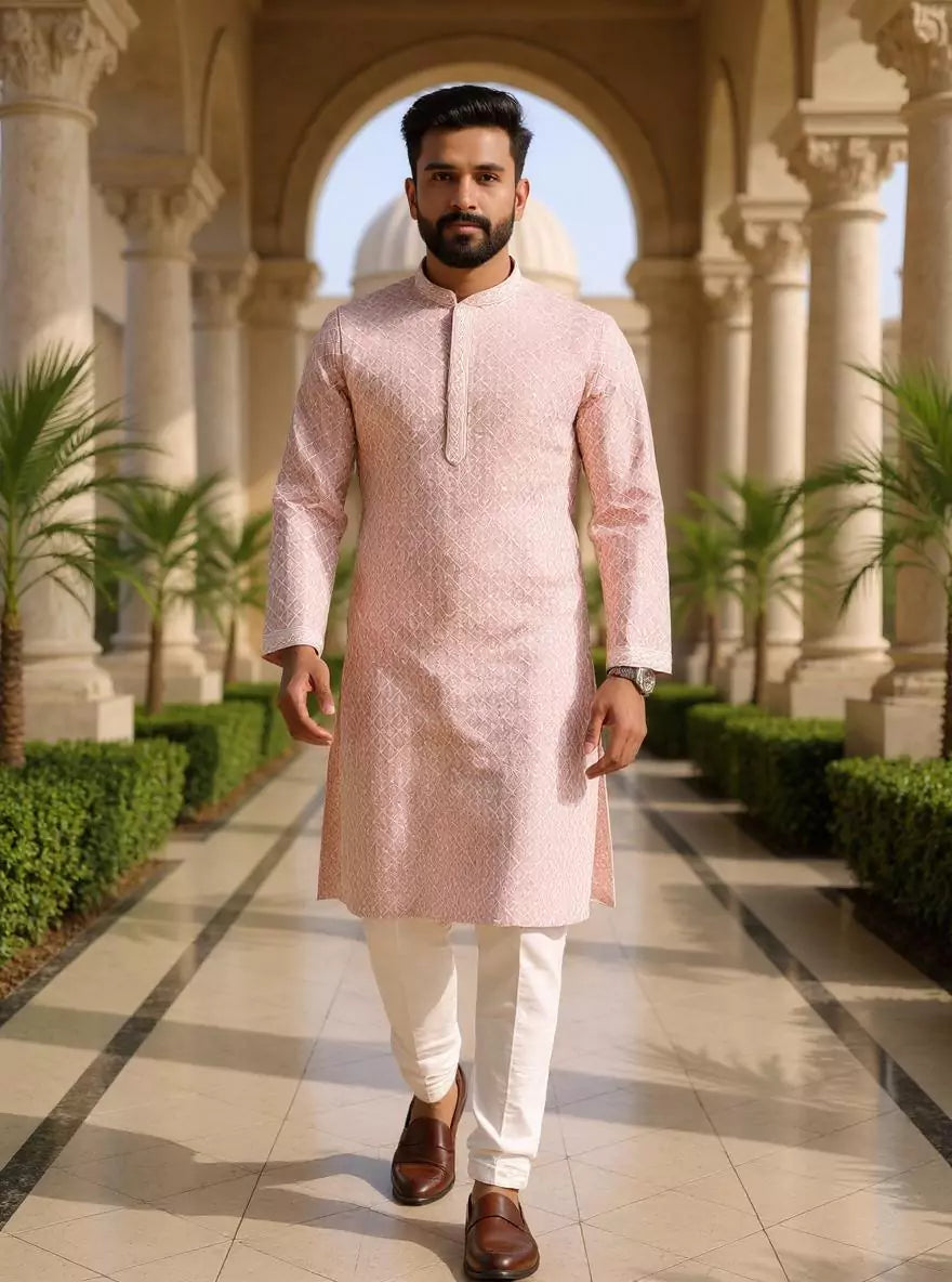 Dusty Light Pink Thread work Cotton Silk Kurta Pyjama Set in Floral