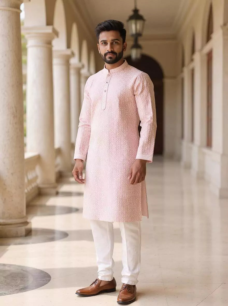 Dusty Light Pink Thread work Cotton Silk Kurta Pyjama Set in Floral