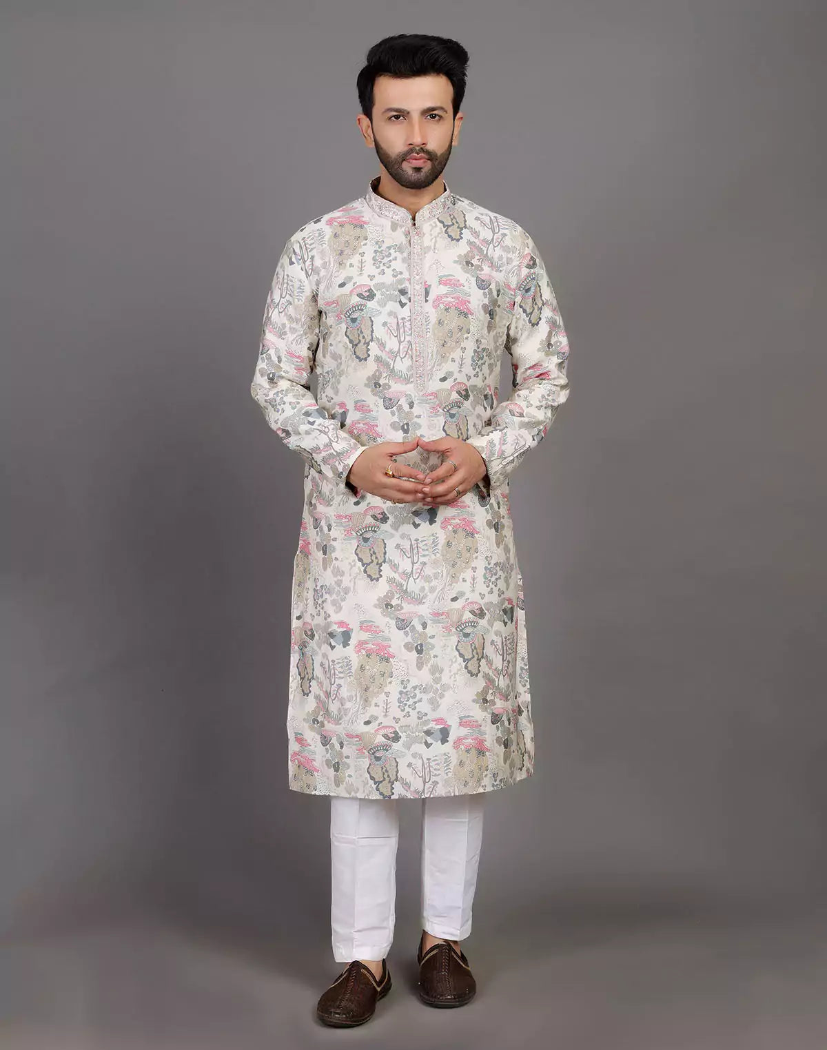 Off White Graphic Print Party Wear Kurta Pyjama Set