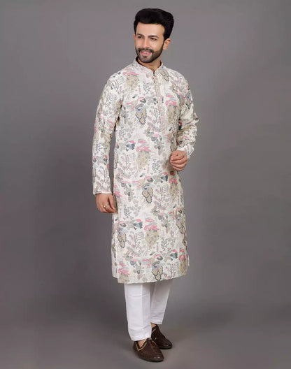 Off White Graphic Print Party Wear Kurta Pyjama Set