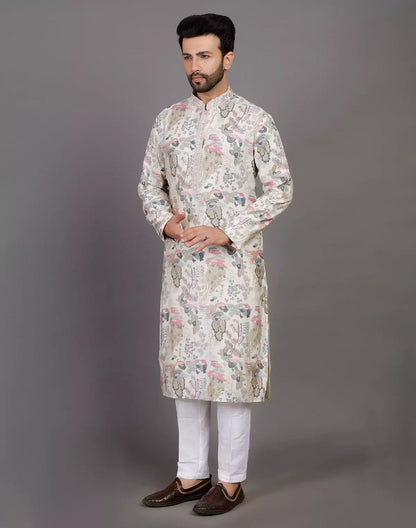 Off White Graphic Print Party Wear Kurta Pyjama Set