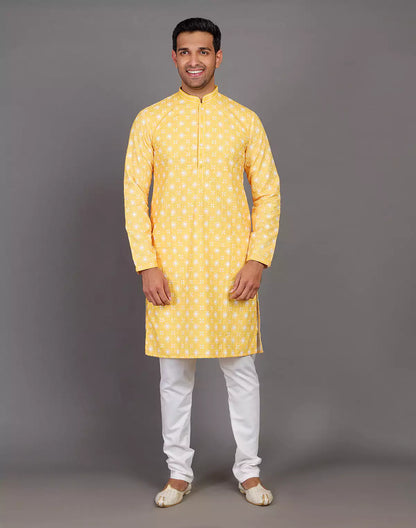elegant floral weaving yellow kurta pyjama set