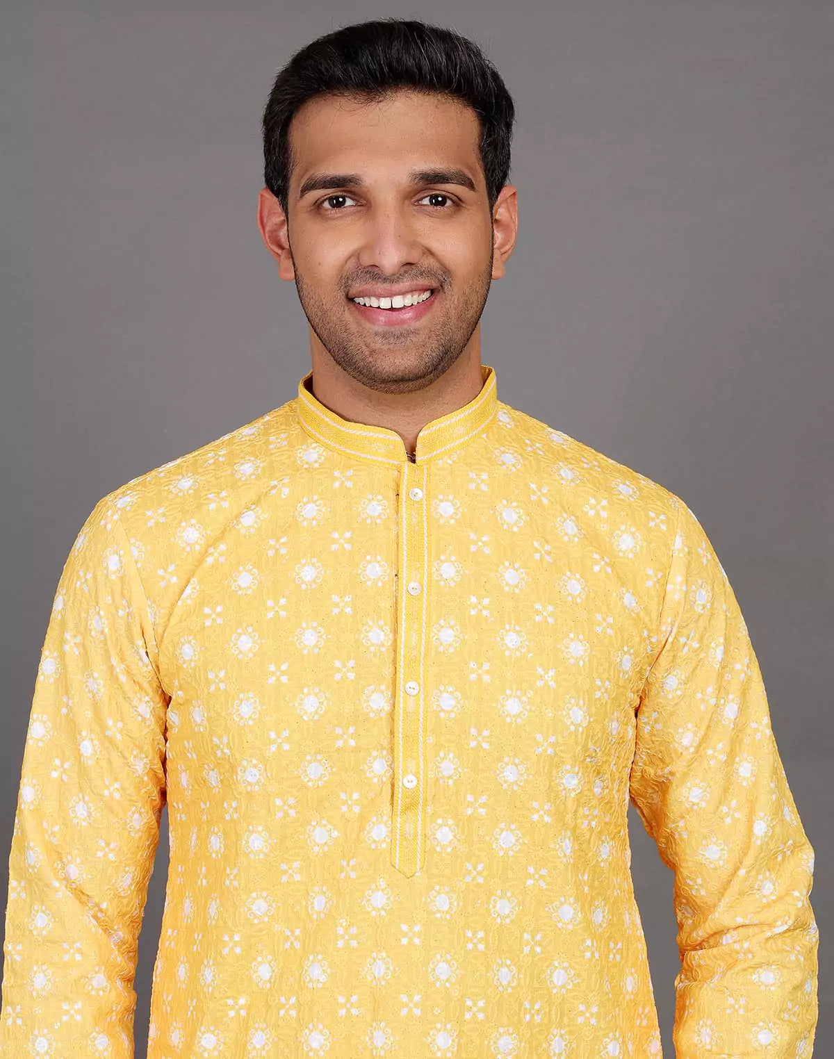 elegant floral weaving yellow kurta pyjama set