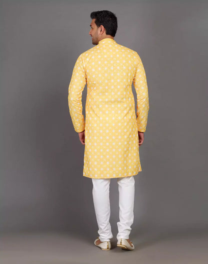 elegant floral weaving yellow kurta pyjama set