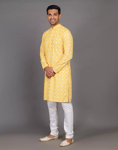 elegant floral weaving yellow kurta pyjama set