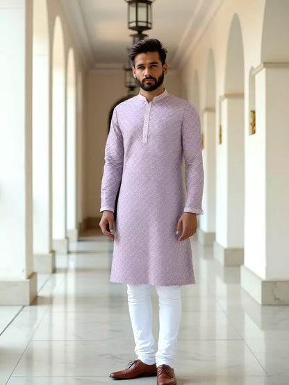 Onion Colour Self Design Raw Silk Embellished Work Kurta Pyjama Set