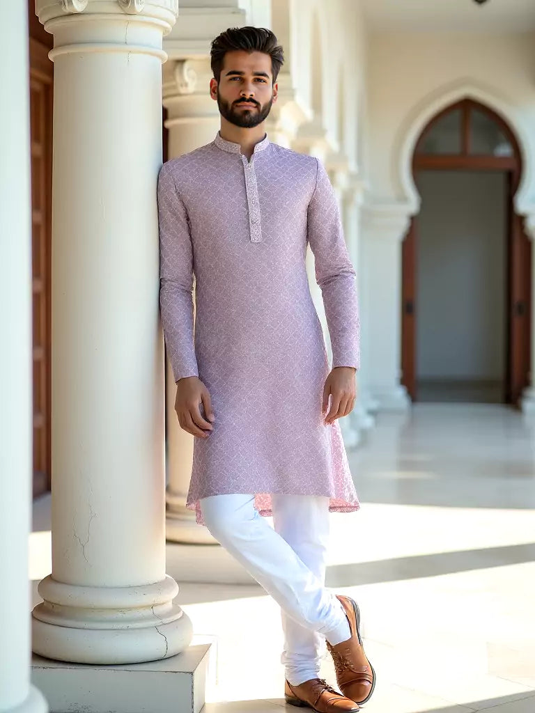 Onion Colour Self Design Raw Silk Embellished Work Kurta Pyjama Set