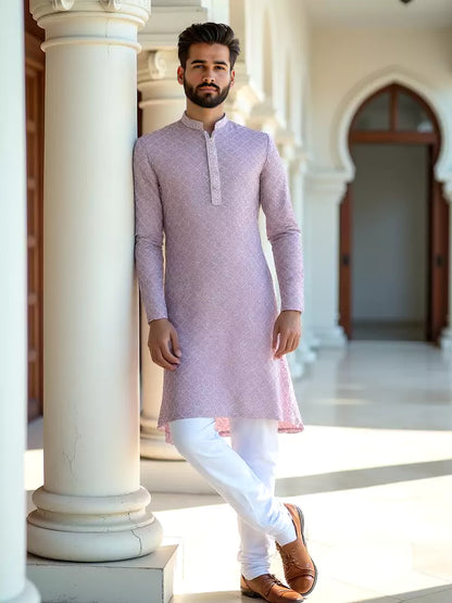 Onion Colour Self Design Raw Silk Embellished Work Kurta Pyjama Set