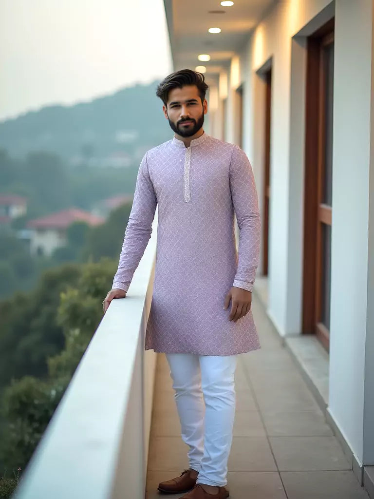 Onion Colour Self Design Raw Silk Embellished Work Kurta Pyjama Set