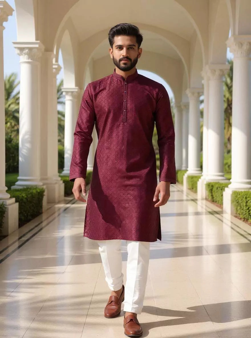 Royal Maroon Embellished work Self Design Cotton Silk Kurta Pyjama Set