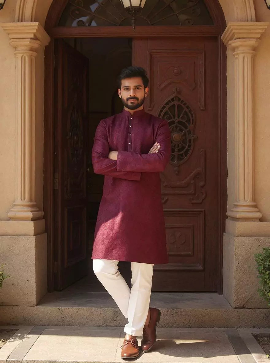 Royal Maroon Embellished work Self Design Cotton Silk Kurta Pyjama Set