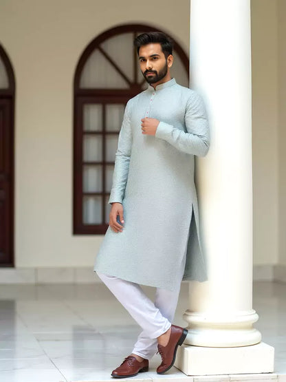 Light Pista All Over Self Geometric Pattern Thread Work Raw Silk Kurta Pyjama Set