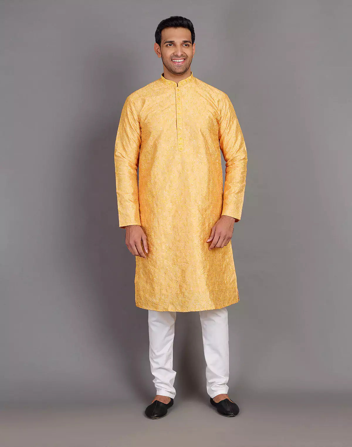 Self Thread Embroidery Design Yellow Kurta Pyjama Set