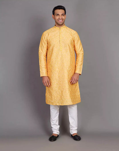 Self Thread Embroidery Design Yellow Kurta Pyjama Set