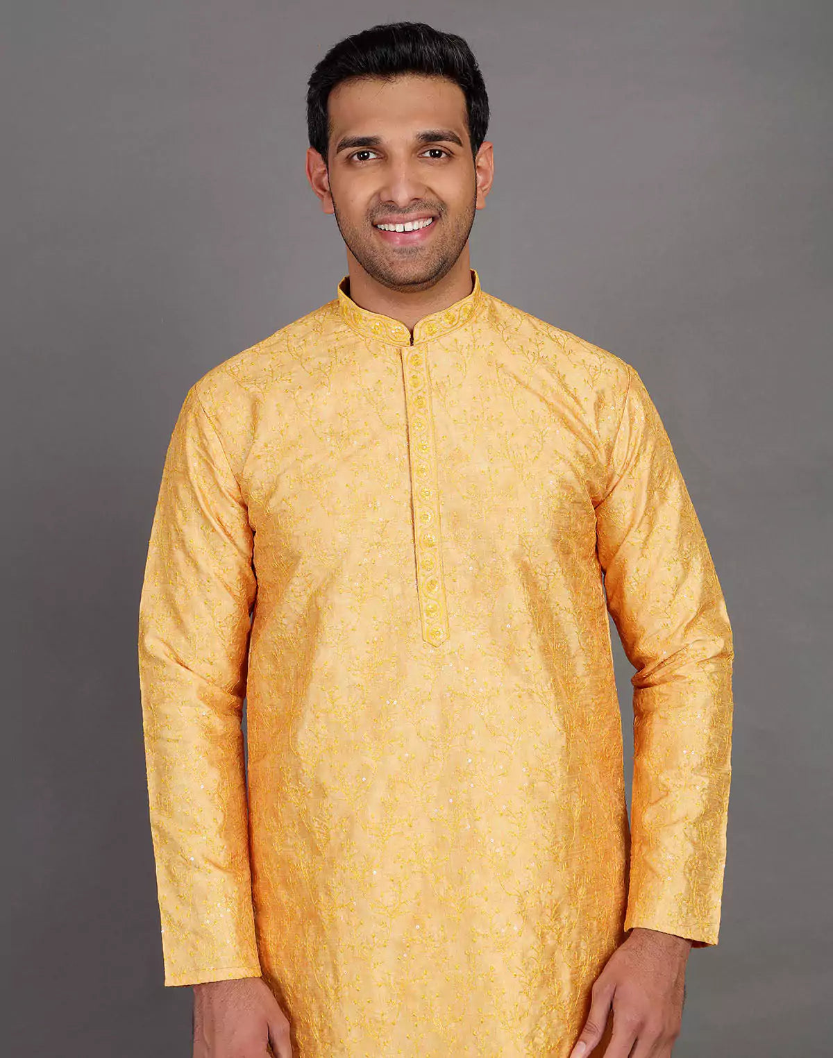 Self Thread Embroidery Design Yellow Kurta Pyjama Set