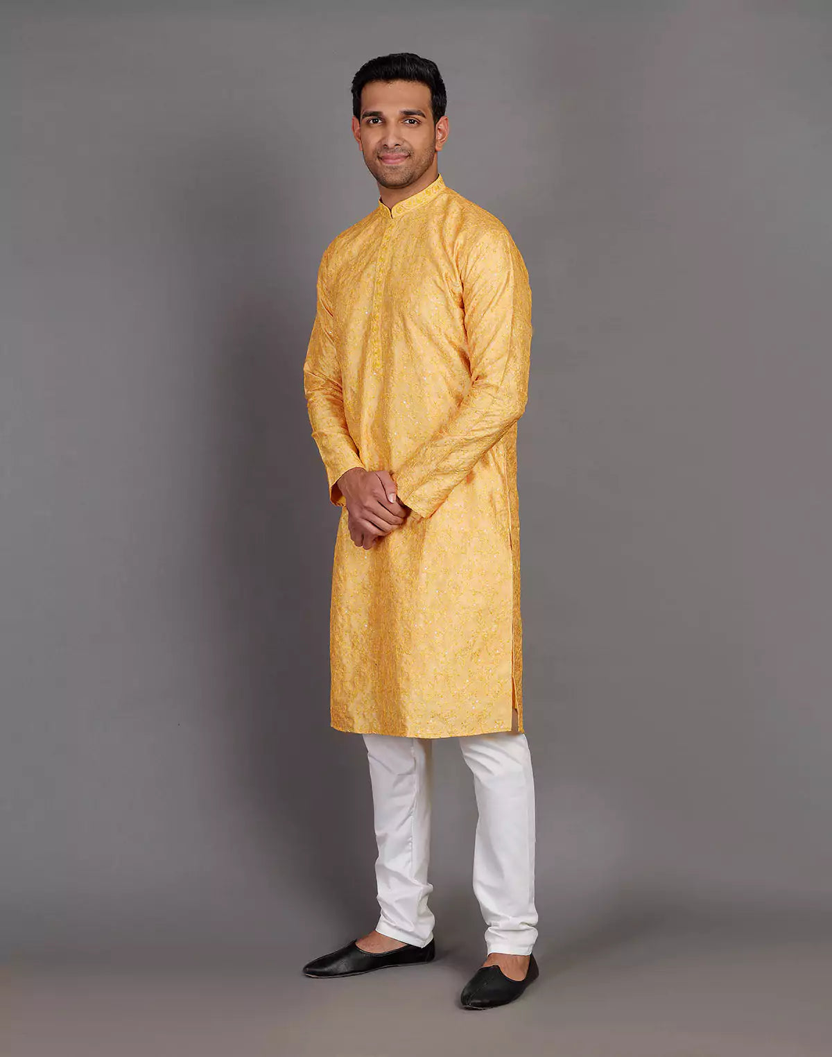 Self Thread Embroidery Design Yellow Kurta Pyjama Set
