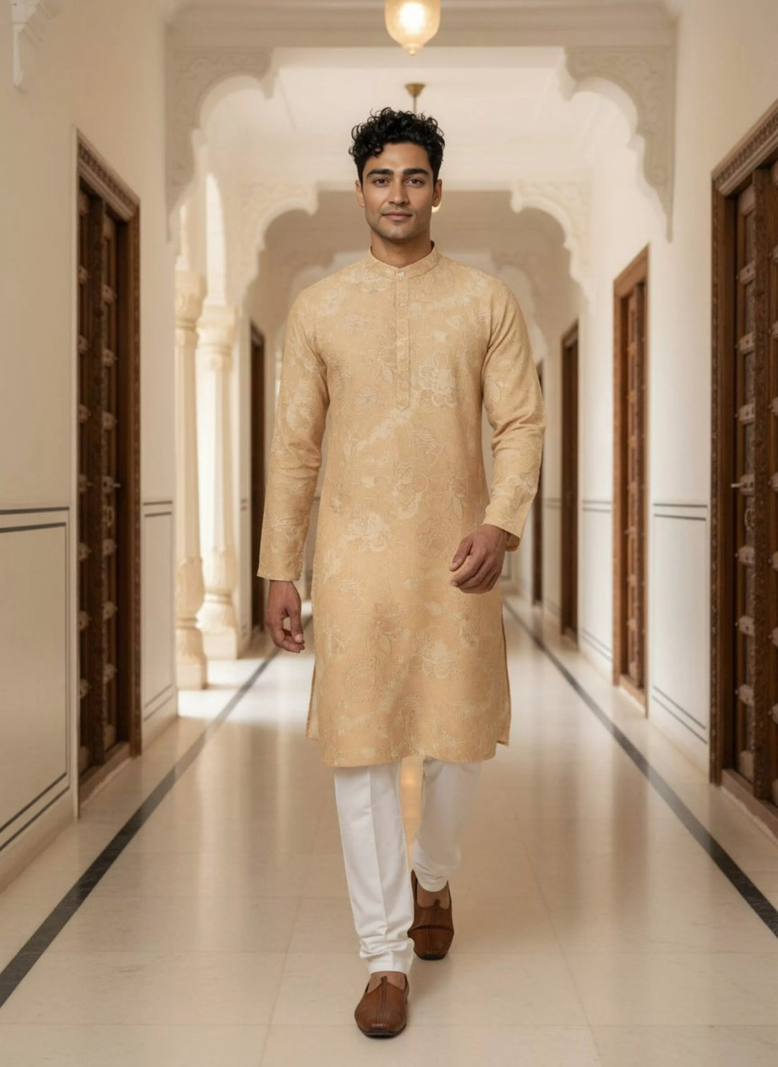 Floral Print Yellow Lenin Kurta Pyjama Set
