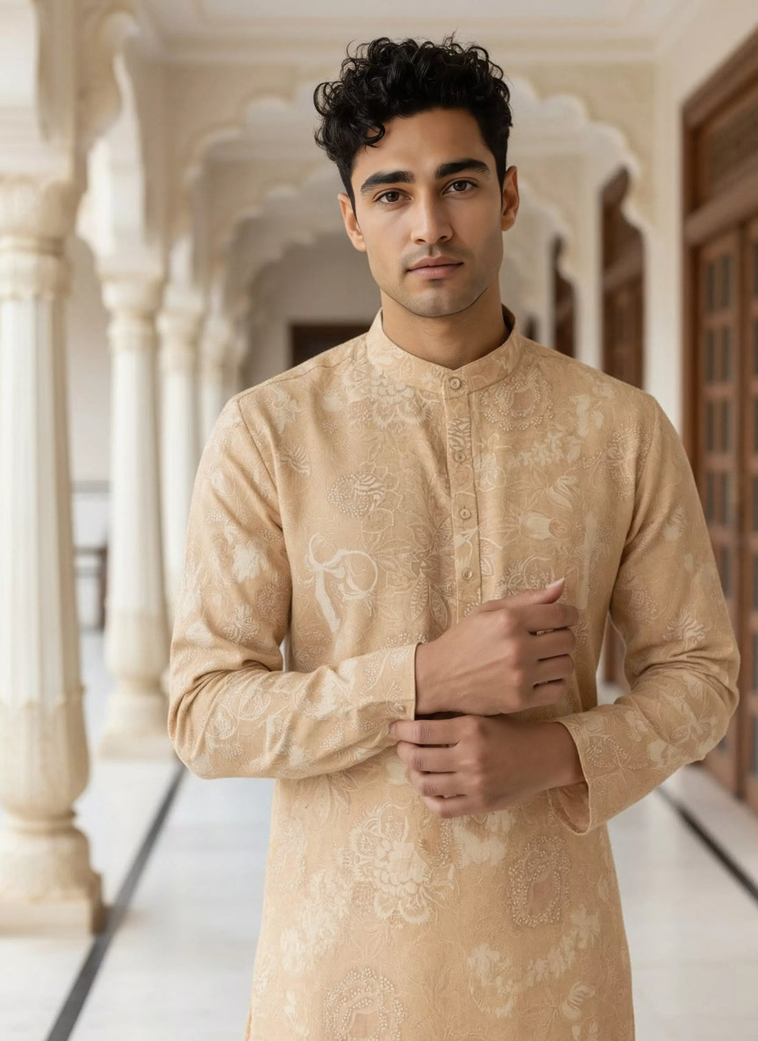 Floral Print Yellow Lenin Kurta Pyjama Set