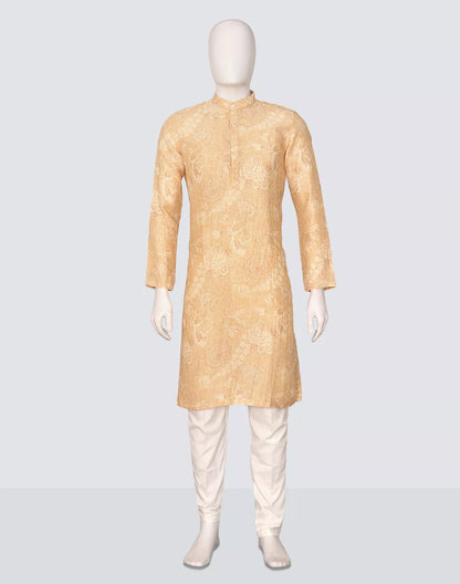 Floral Print Yellow Lenin Kurta Pyjama Set