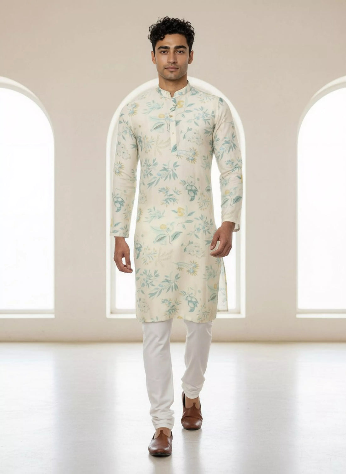 Sky Colour Floral Printed Lenin Kurta Pyjama