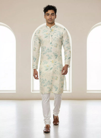 Sky Colour Floral Printed Lenin Kurta Pyjama