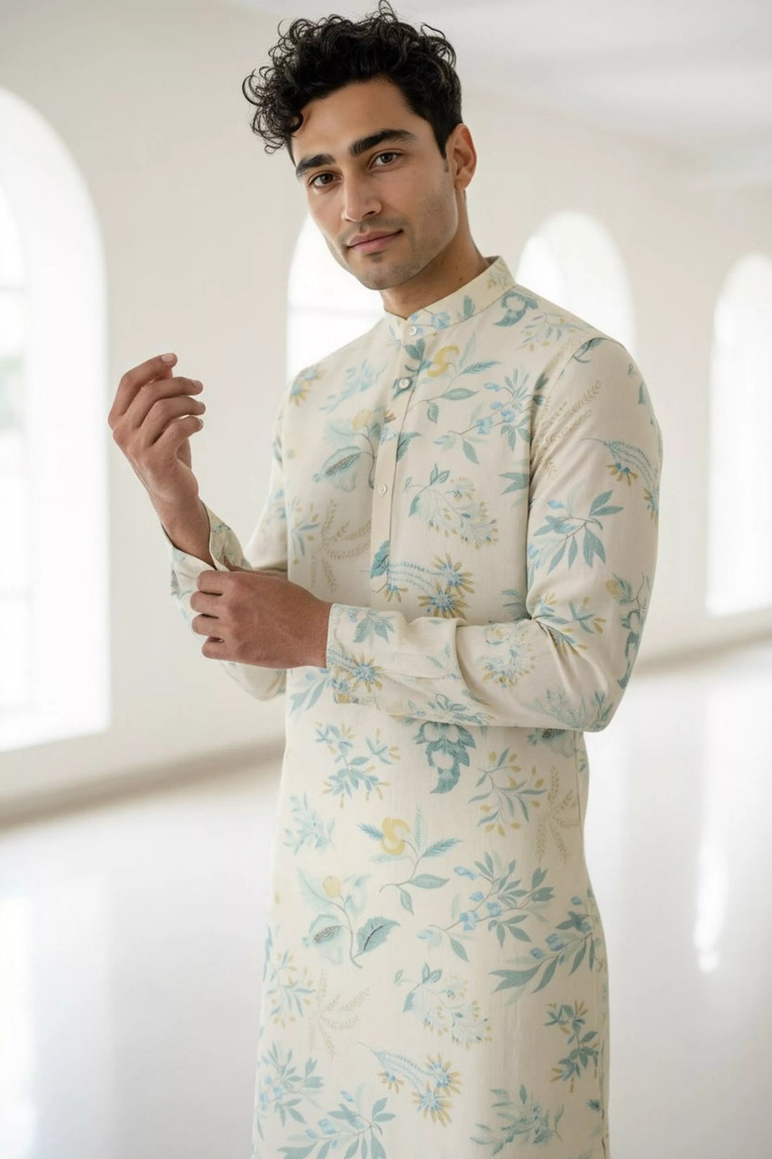 Sky Colour Floral Printed Lenin Kurta Pyjama