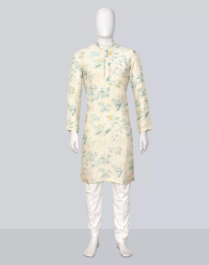 Sky Colour Floral Printed Lenin Kurta Pyjama