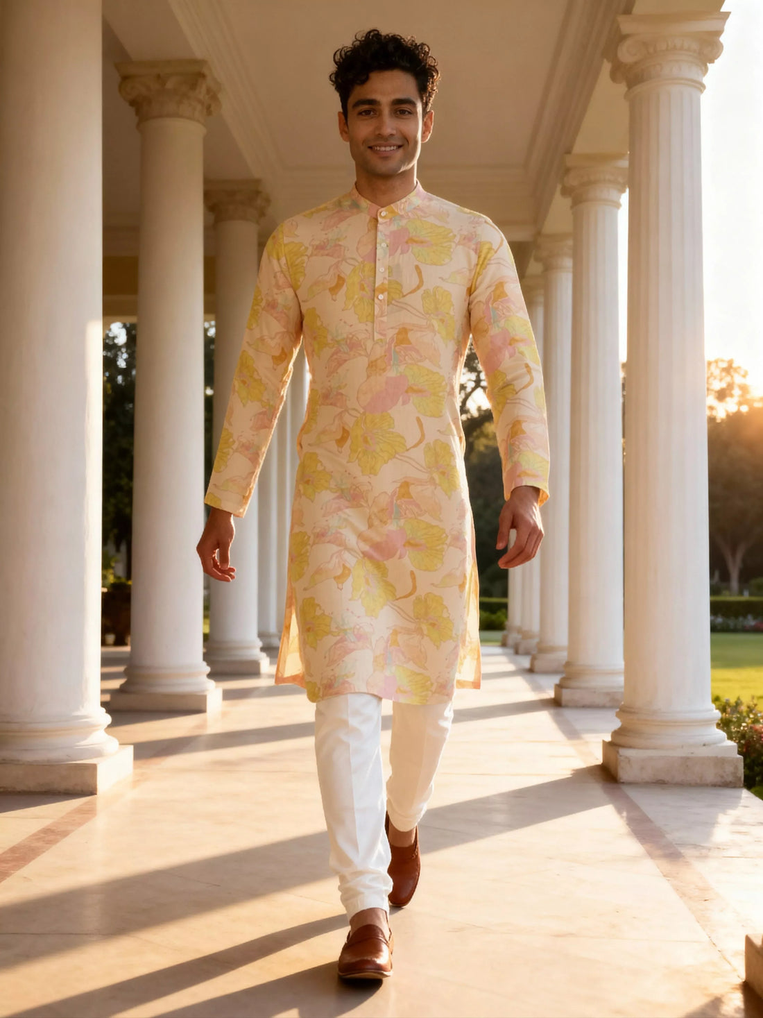 Lemon Floral Printed Lenin Kurta Pyjama Set