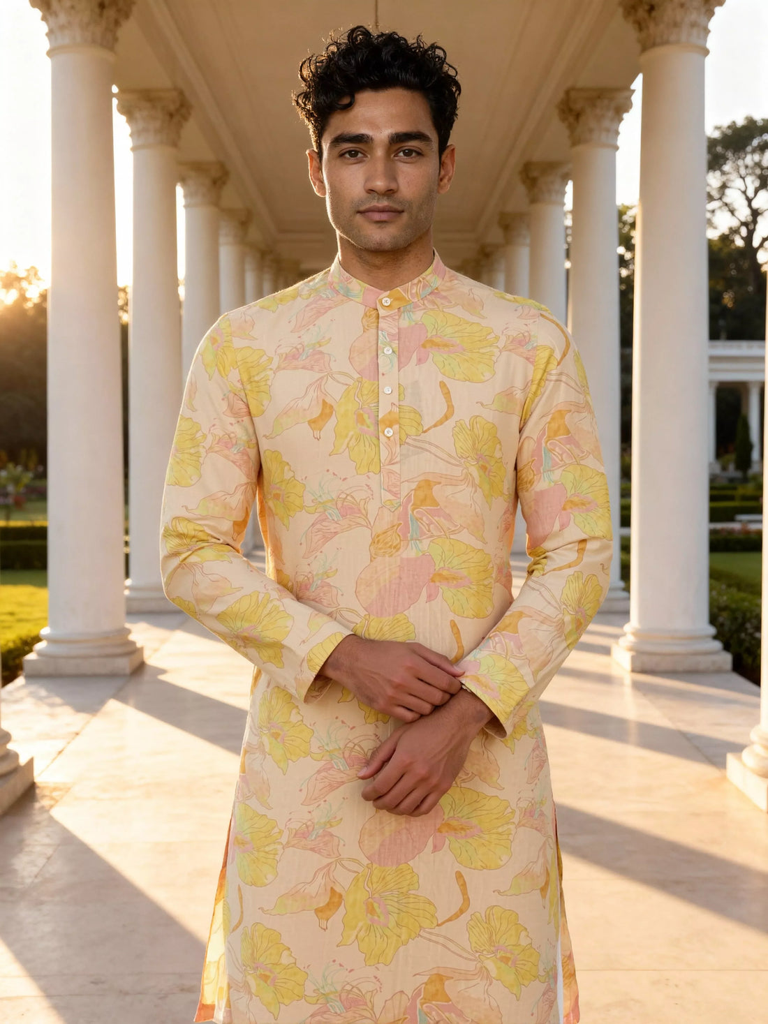 Lemon Floral Printed Lenin Kurta Pyjama Set