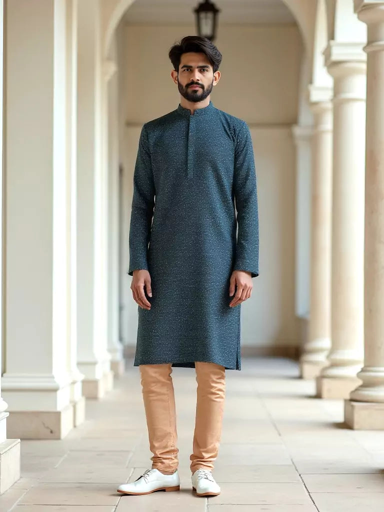 Peacock Color Brocade Design Jacquard Kurta Set