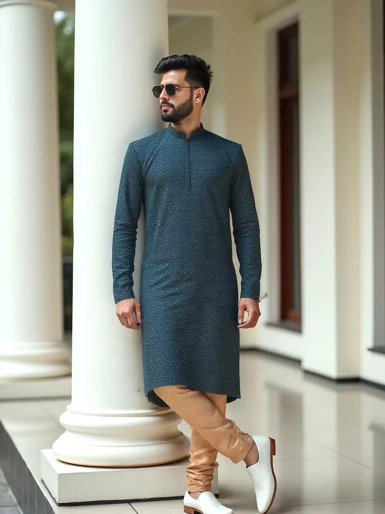 Peacock Color Brocade Design Jacquard Kurta Set