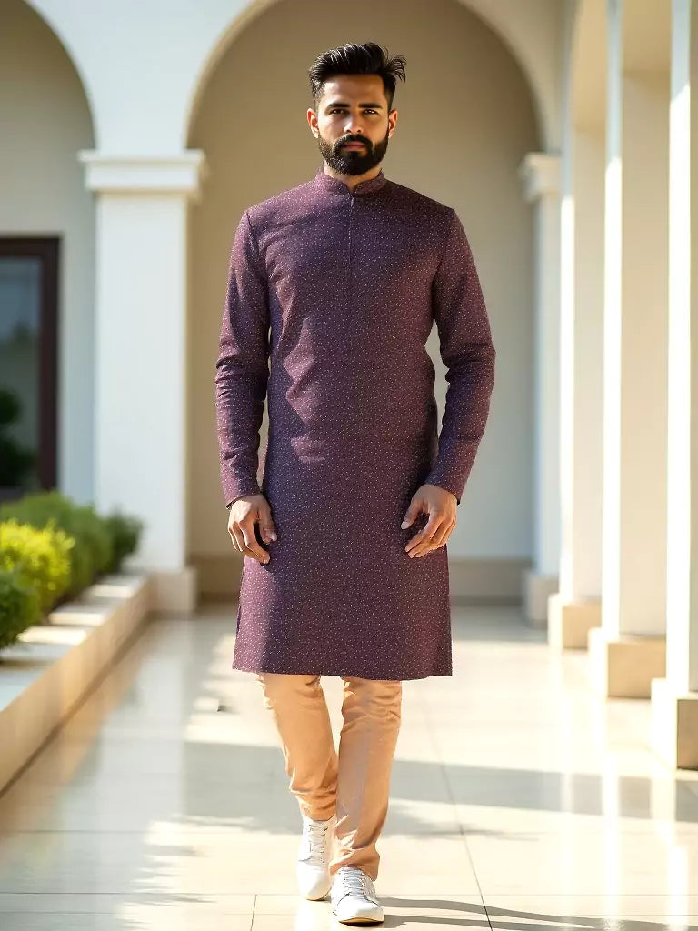 Elegant Wine Color Brocade Design Jacquard Kurta Set